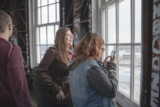 Michelle Ohlhausen and Marianthi Tangili enjoy the unique view of the campus.