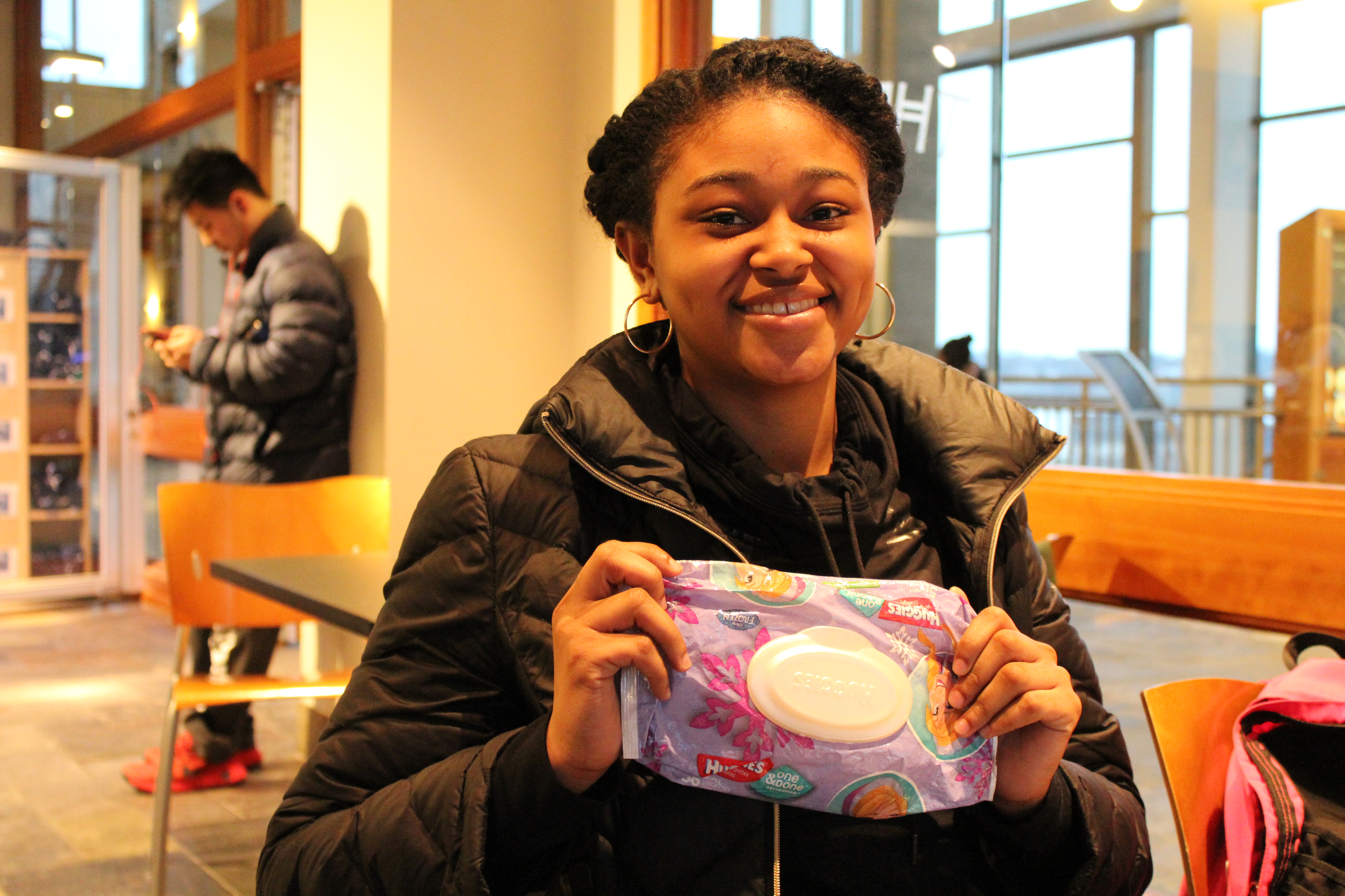 “It’s easier than getting a papertowel,” said freshman Briana Faulkes, holding Huggies baby wipes.