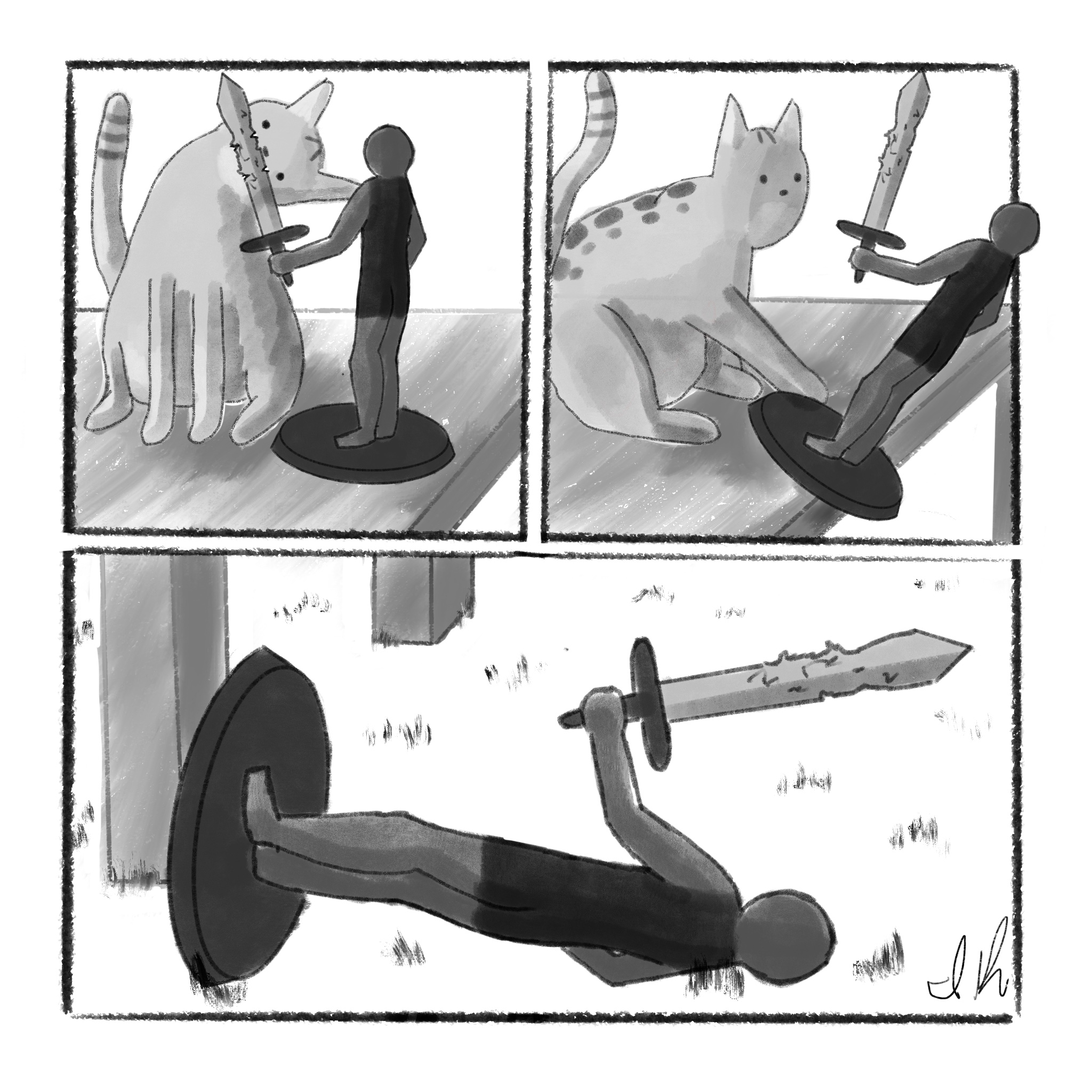 Comic of a cat knocking over a statue holding a sword