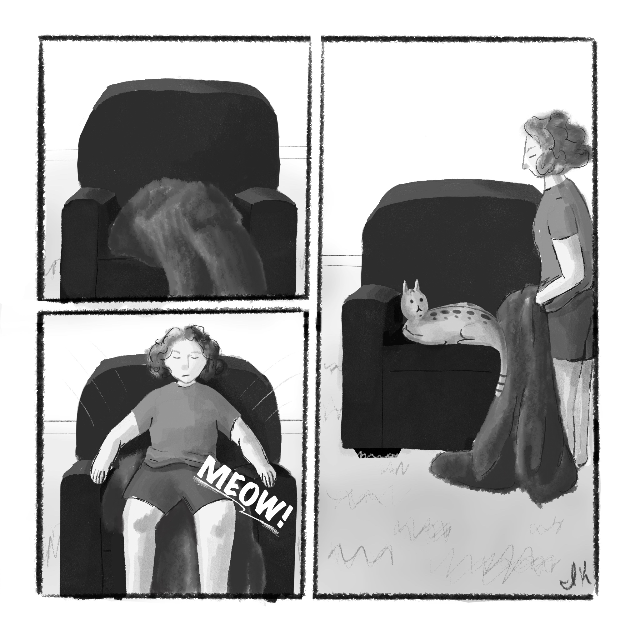 Comic about cat hiding under blanket on chair and person sitting on them