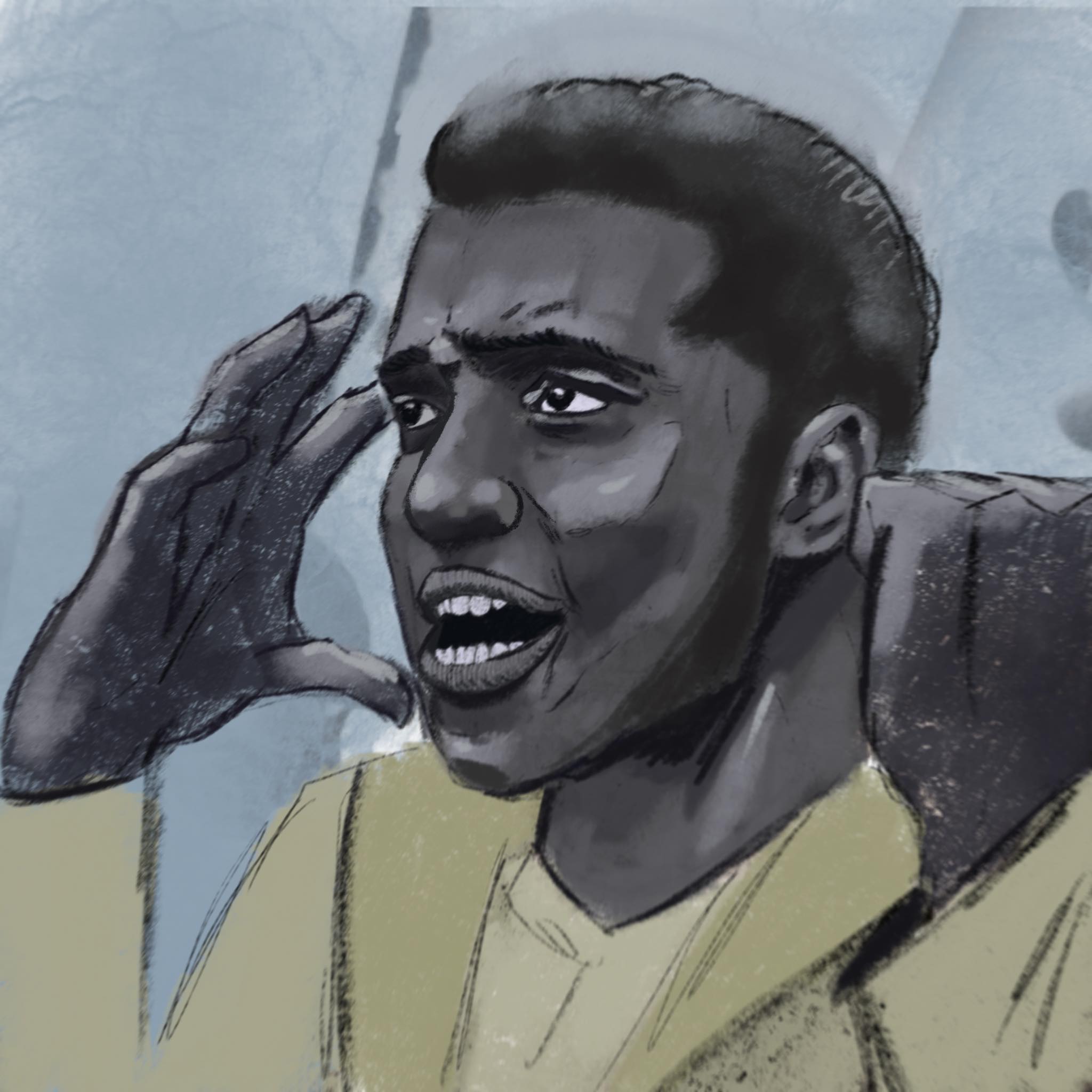 Drawing of Black man with hand raised to head and mouth open.