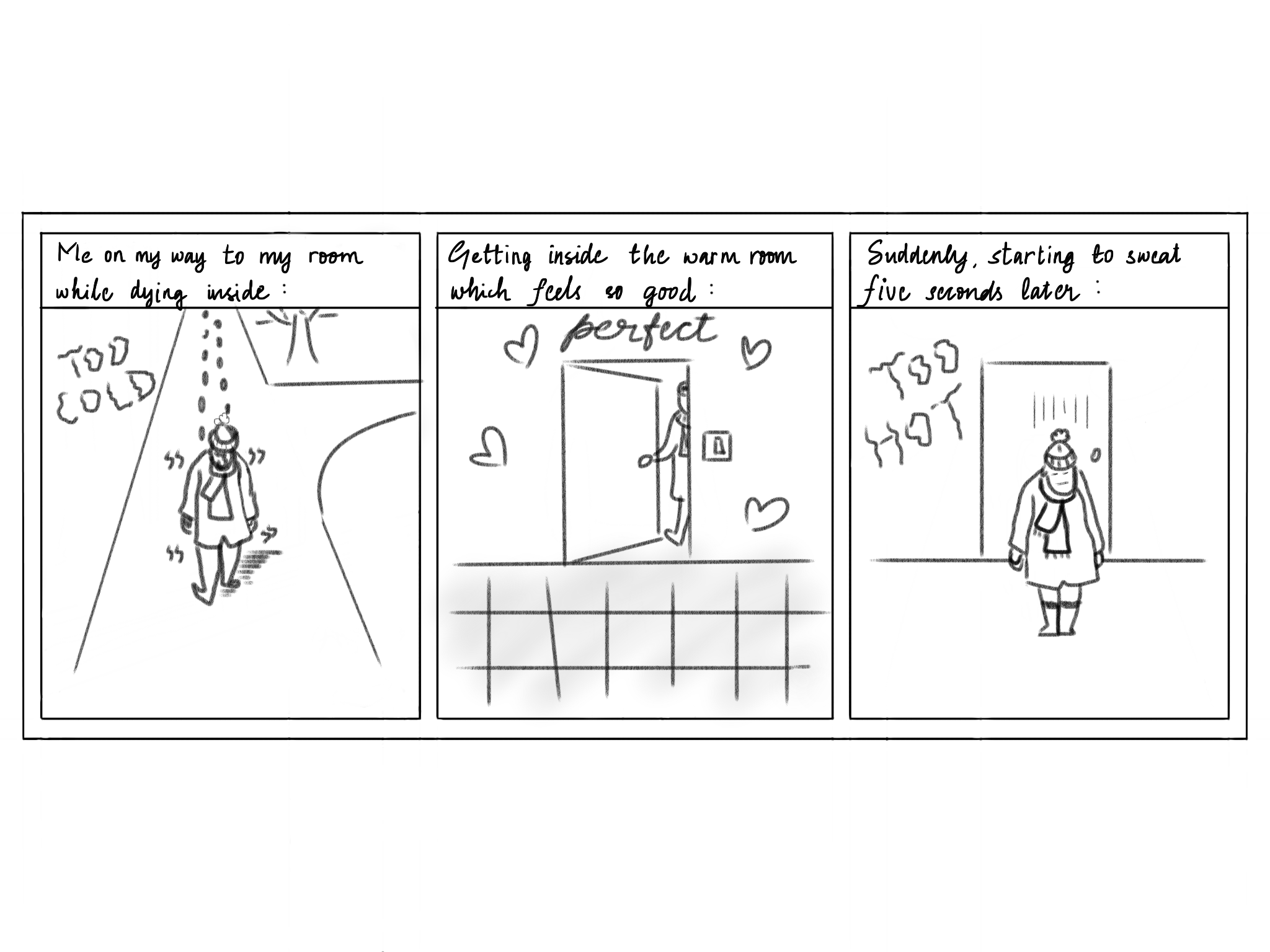 Comic of person walking outside being cold and then going inside and being to hot
