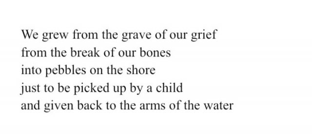 Image reads: We grew from the grave of our grief from the break of our bones into pebbles on the shore just to be picked up by a child and given back to the arms of the water