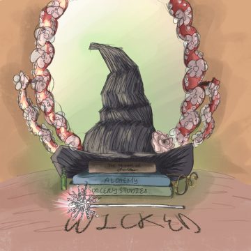 witch hat on top of a stack of books labelled "alchemy" and "sorcery studies" with a wand below and "wicked" written at the bottom